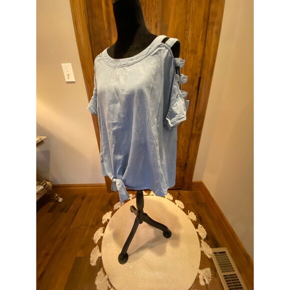 A.U.W. Blouse Chambray Denim Top Women’s Plus Size 1X Short Sleeve Casual - Picture 4 of 10